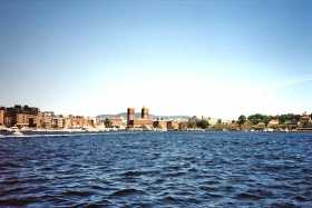 Looking across the head of Oslofjord to the Aker Brygge and R&aring;dhuset