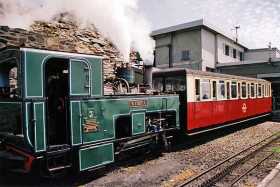 The Snowdon mountain railway steam train at the summit